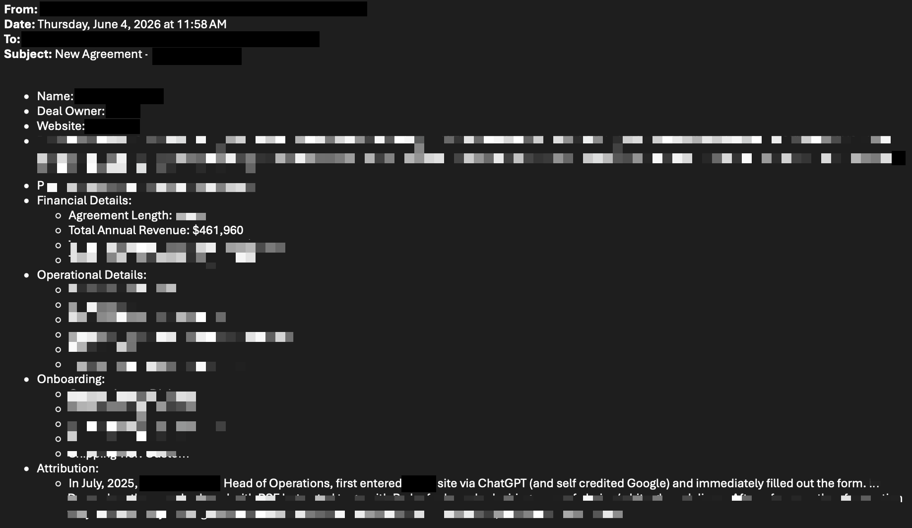 Redacted agreement notification dated June 4, 2026, recording $461,960 in total annual revenue. This is projected annual revenue for a signed agreement. The attribution notes record a first visit through ChatGPT; the prospect also credited Google.