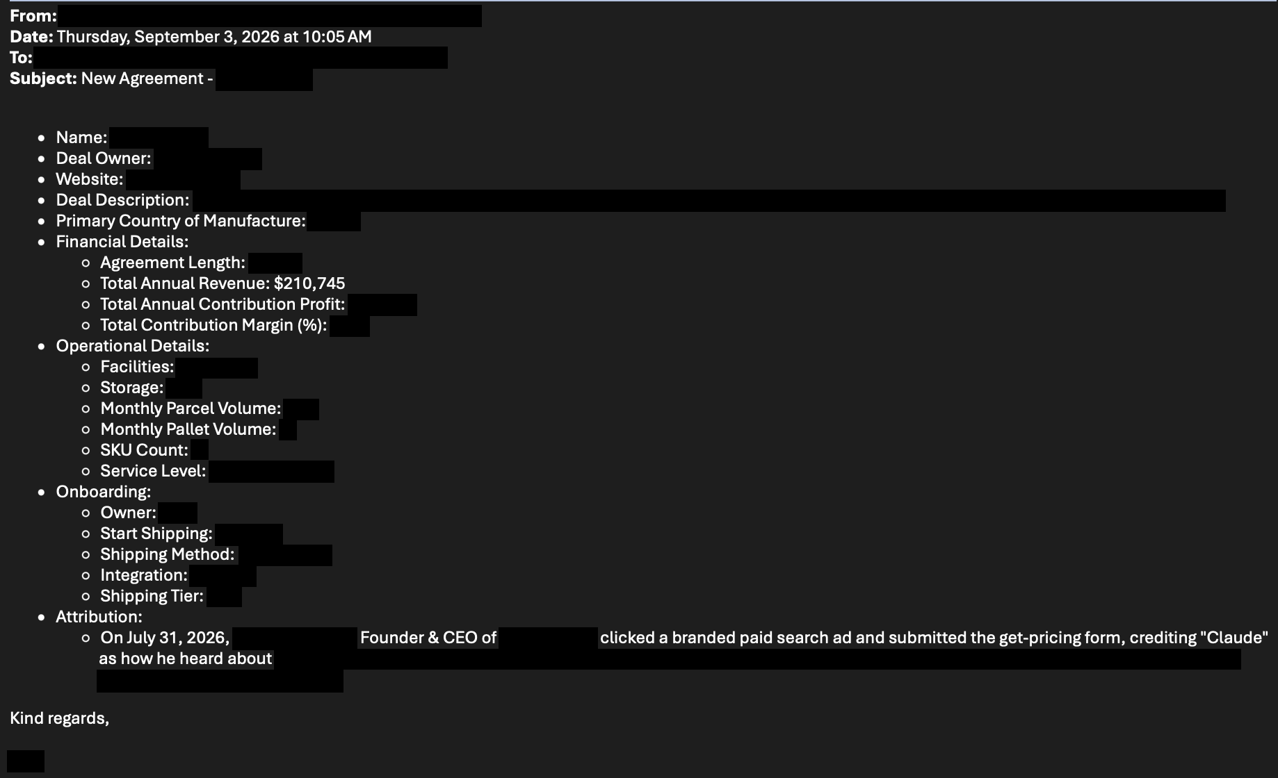 Redacted agreement notification dated September 3, 2026, recording $210,745 in total annual revenue. This is projected annual revenue for a signed agreement. The prospect named Claude when asked how they heard about the business, then submitted an inquiry through a branded search ad.