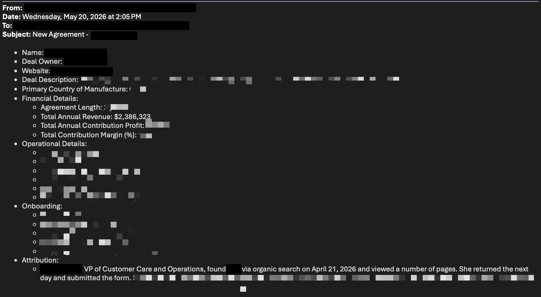 Redacted agreement notification dated May 20, 2026, recording $2,386,323 in total annual revenue. This is projected annual revenue for a signed agreement. The attribution notes record an organic-search visit, followed by a return visit and form submission the next day.