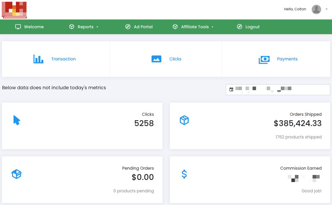 Historical affiliate dashboard: 5,258 clicks, 385,424 dollars and 33 cents in shipped orders, and 1,762 products shipped. Commission earnings and dates were obscured in the original image.